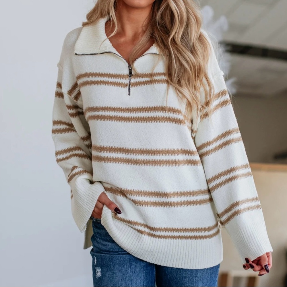 Promise Beige and White Striped V-Neck Sweater